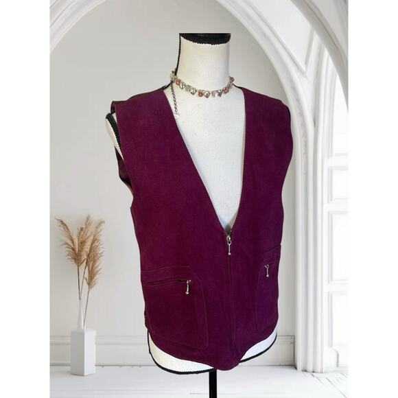 Agapo Womens Grape Purple Suede Leather Medium Chic Minimal 90s Vintage Vest - Picture 2 of 10